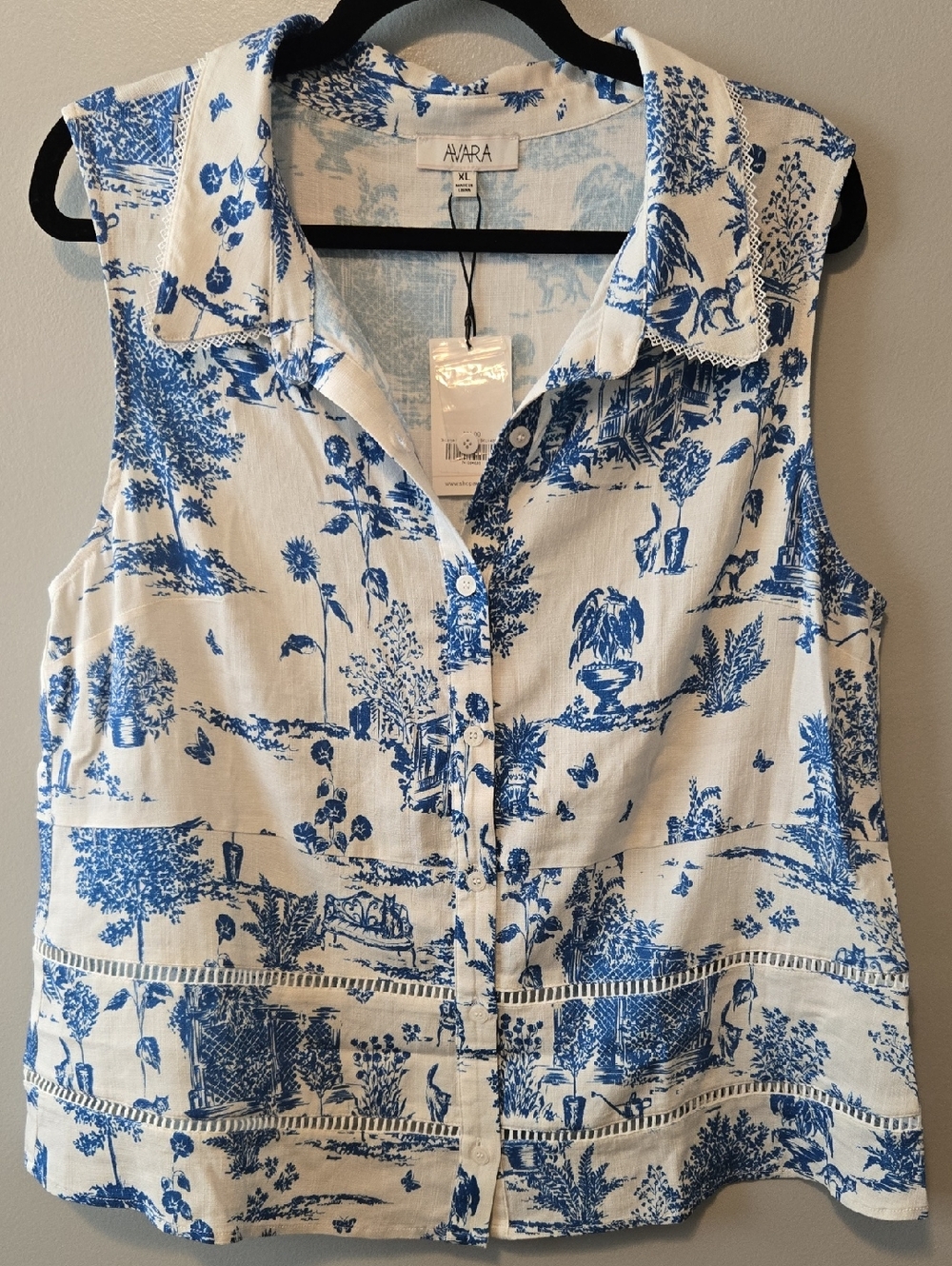 AVARA Blue Toile Sleeveless Button-Front Cotton Top Size XL New With Tags